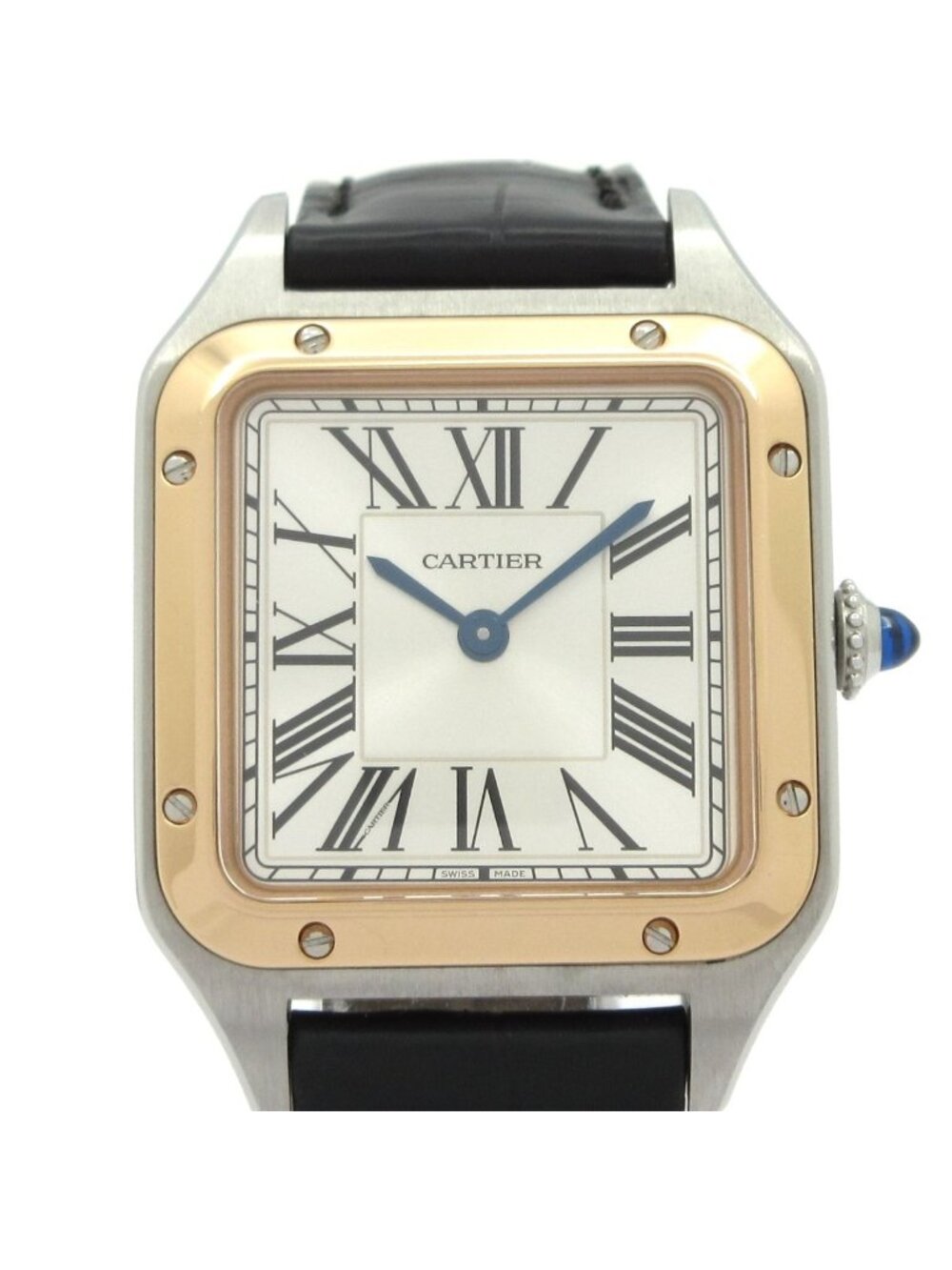 Cartier Watch Santos Dumont SM 2 SS 18k Rose Gold Leather Strap Silver